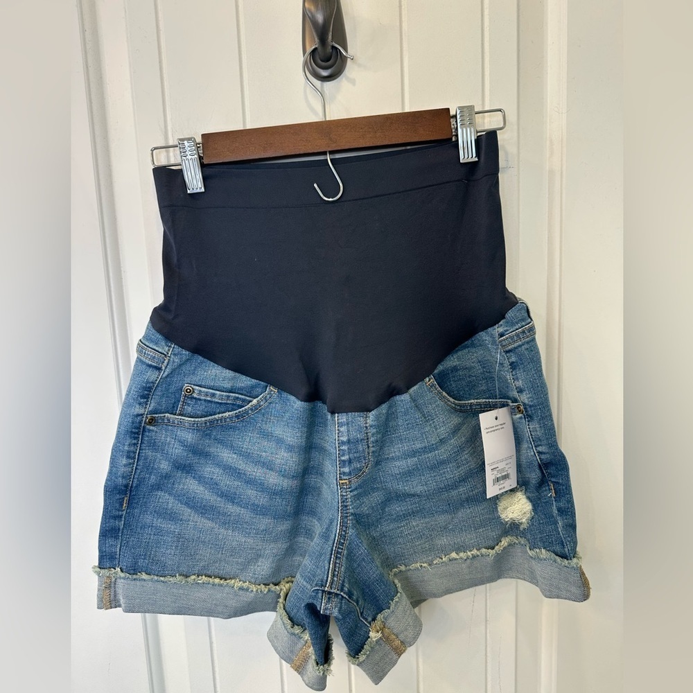 a:glow High Waist Maternity Denim Shorts in Black and Blue